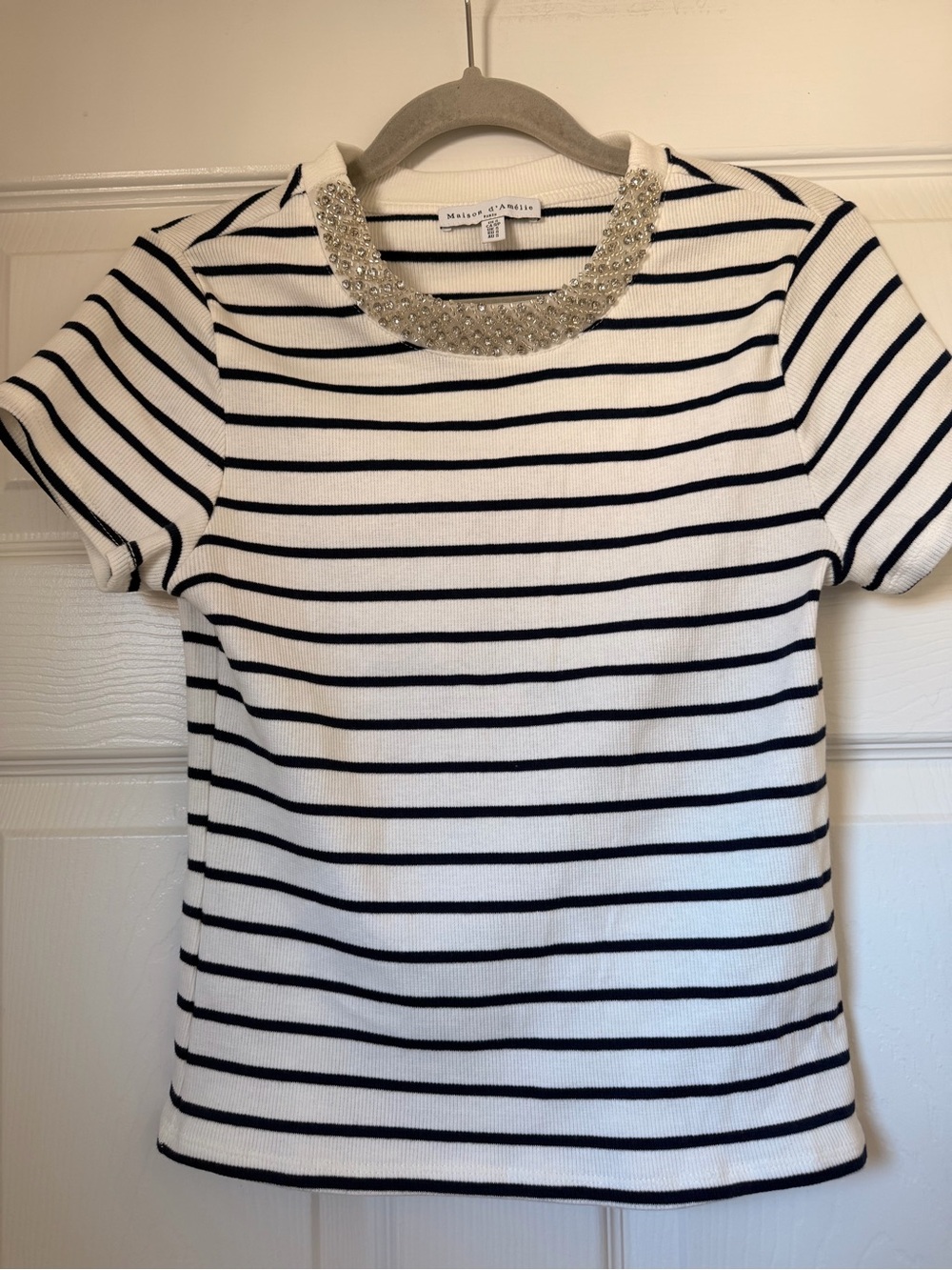 Striped Short Sleeve Tee with Embellished Crewneck - White/Black